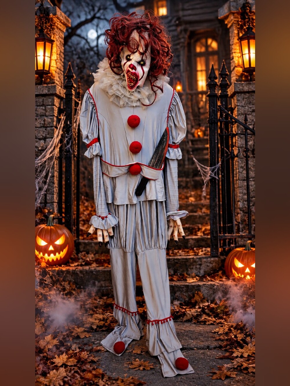 Halloween It Chapter Two Adult Pennywise Costume, Latex Mask, Hands, Knife Large